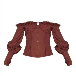 Brown Woven Frill Bardot Hook And Eye Shirt